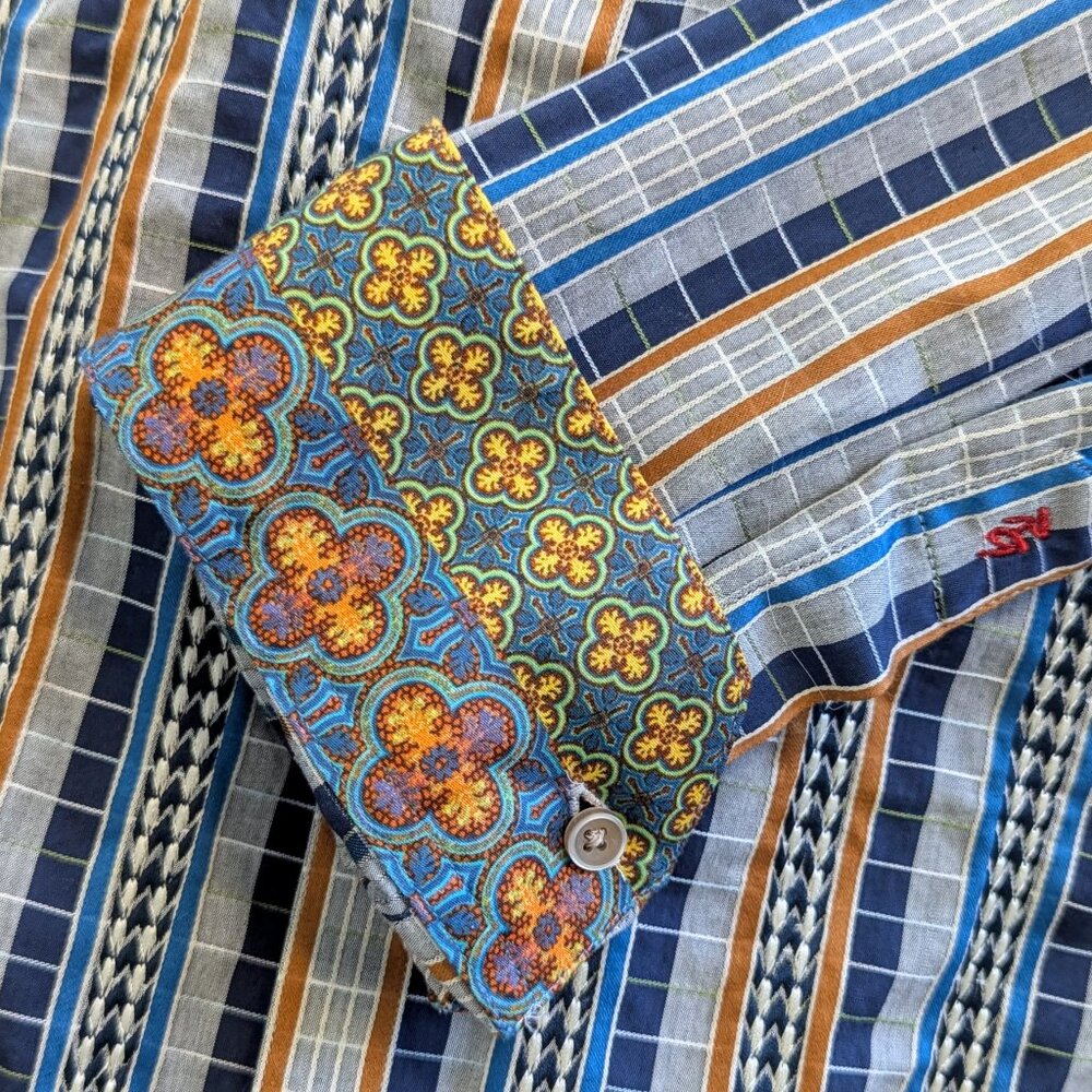 Robert Graham NWOT XL Navy & Burnt Orange Stripe Button Down Shirt Contrast Cuff - Picture 5 of 7